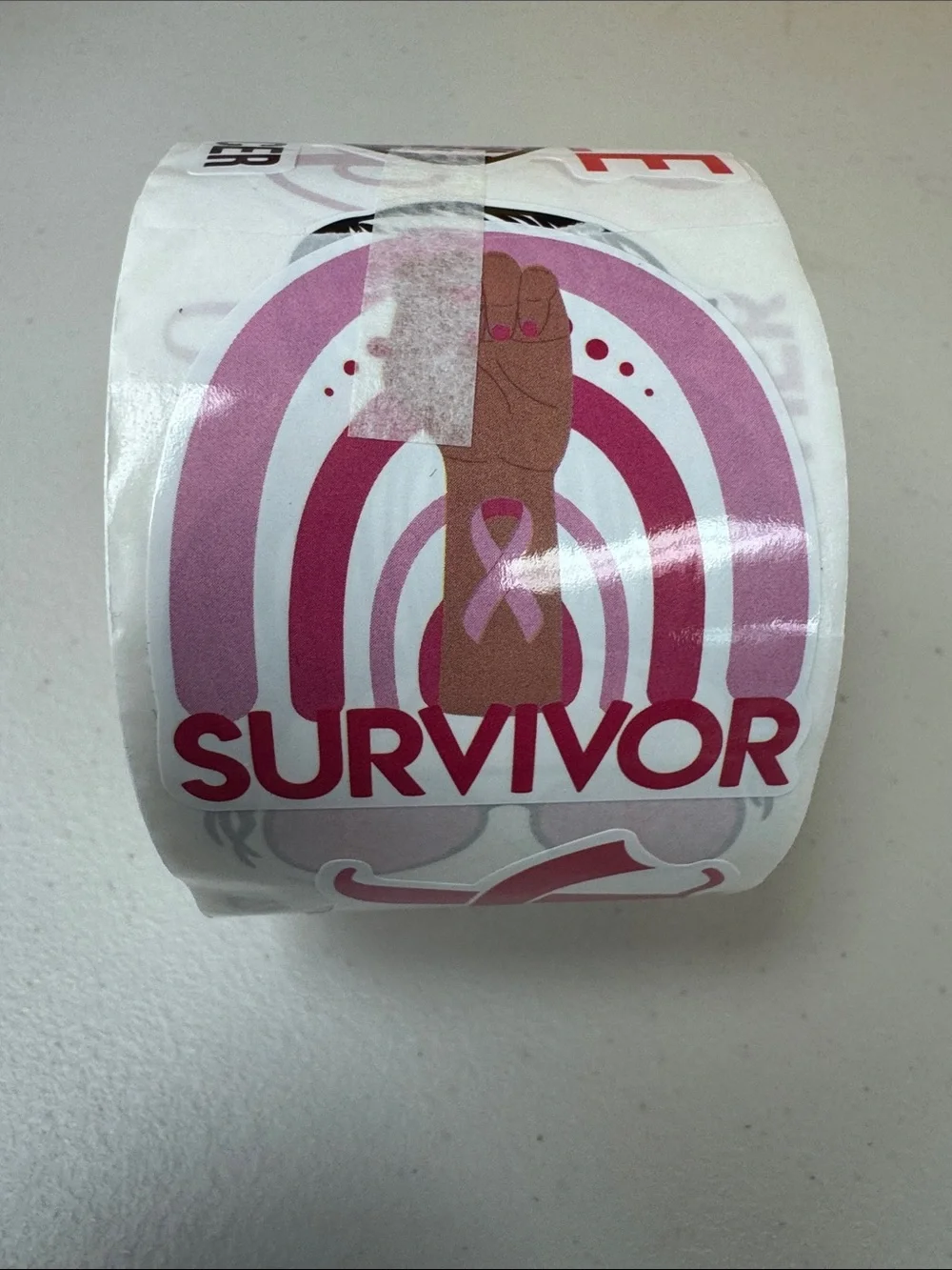 SURVIVOR Pink Rainbow Sticker roll - Support Ribbon Design tackle breast cancer